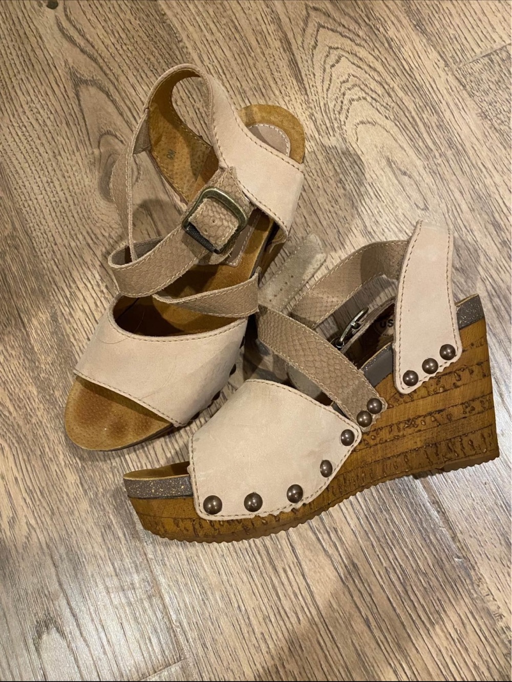 Beige Women's Wedge Sandals with Stud Detail